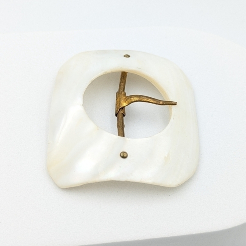 Antique Victorian carved mother of pearl and brass belt buckle